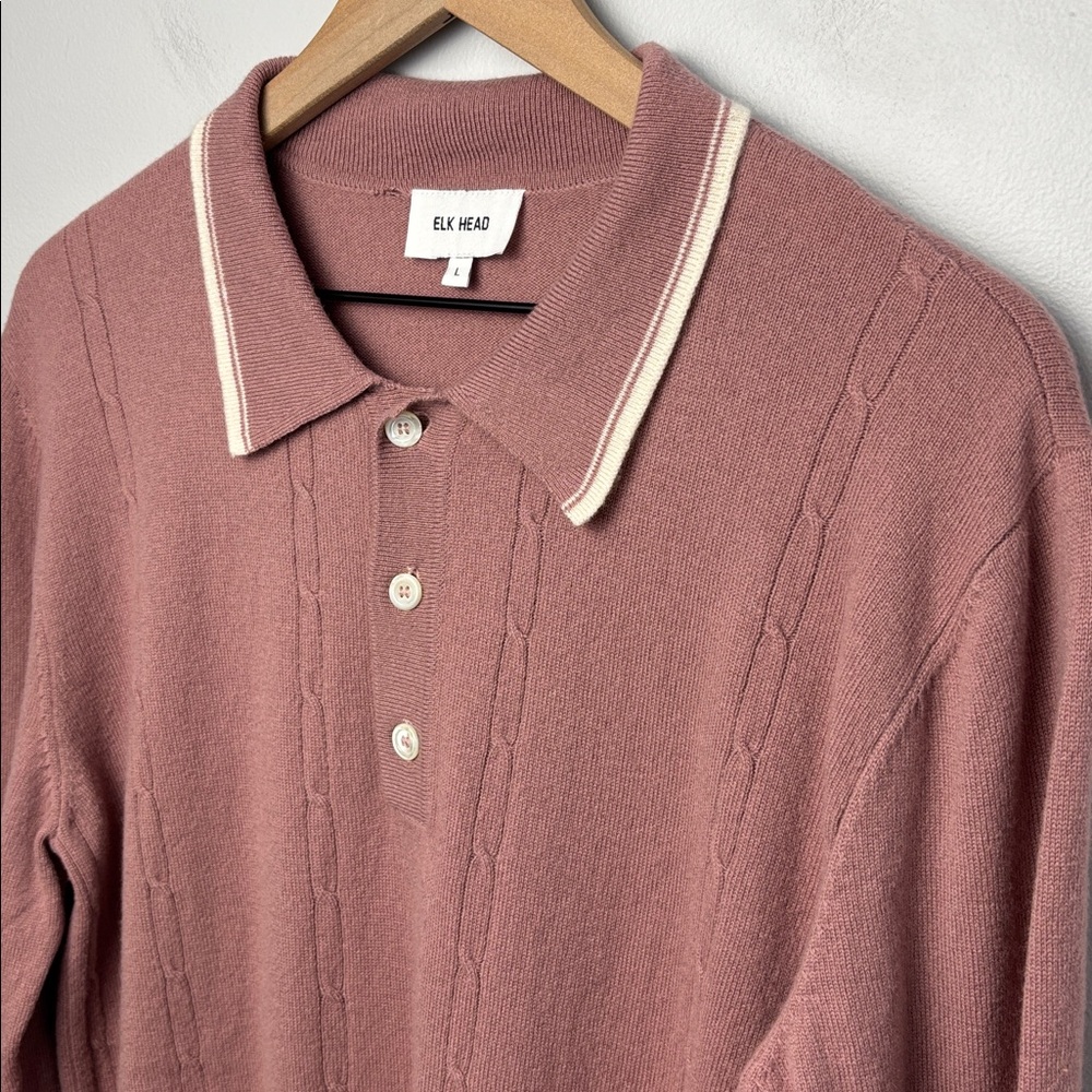 Elk Head Men's Large Cashmere Blend Cable Knit Polo Mauve All Season Flaw